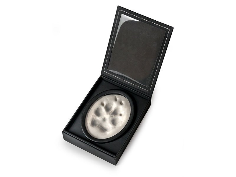 PETRIBUTES_A_LASTING_IMPRESSION_BLACK_with-paw A Lasting Impression pawprint imprint set 3D 3-dimensional paw print keepsake in personalisable photo display case. Soft, non-toxic air-dry impression material. Keepsake photo memorial for pets.