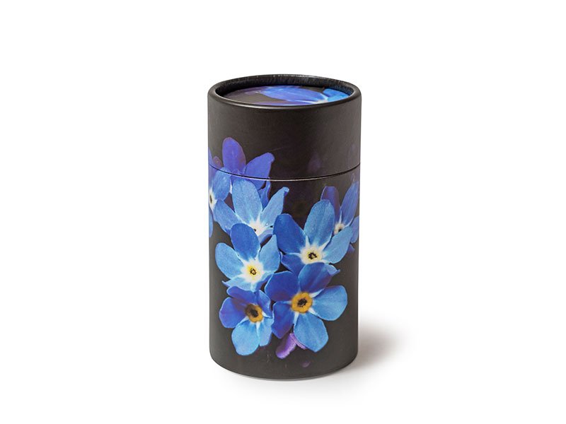 PETRIBUTES_FMN_DARK_Scatter_Tube_380cc Scatter Tube ashes scattering urn container. Forget-Me-Not design. Petributes are the creators of the original Scattering Tubes in the widest range of sizes and designs available. Bespoke and branded designs by arrangement