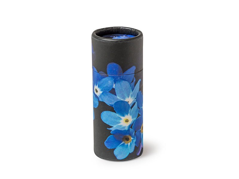 PETRIBUTES_FMN_DARK_Scatter_Tube_65cc Scatter Tube ashes scattering urn container. Forget-Me-Not design. Petributes are the creators of the original Scattering Tubes in the widest range of sizes and designs available. Bespoke and branded designs by arrangement